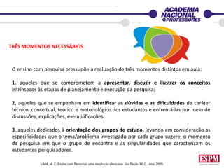 TRÊS MOMENTOS NECESSÁRIOS
LIMA, M. C. Ensino com Pesquisa: uma revolução silenciosa. São Paulo: M. C. Lima, 2000.
O ensino com pesquisa pressupõe a realização de três momentos distintos em aula:
1. aqueles que se comprometem a apresentar, discutir e ilustrar os conceitos
intrínsecos às etapas de planejamento e execução da pesquisa;
2. aqueles que se empenham em identificar as dúvidas e as dificuldades de caráter
técnico, conceitual, teórico e metodológico dos estudantes e enfrentá-las por meio de
discussões, explicações, exemplificações;
3. aqueles dedicados à orientação dos grupos de estudo, levando em consideração as
especificidades que o tema/problema investigado por cada grupo sugere, o momento
da pesquisa em que o grupo de encontra e as singularidades que caracterizam os
estudantes pesquisadores.
 