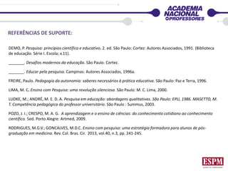 REFERÊNCIAS DE SUPORTE:
DEMO, P. Pesquisa: princípios científico e educativo. 2. ed. São Paulo: Cortez: Autores Associados, 1991. (Biblioteca
de educação. Série I. Escola; v.11).
_______. Desafios modernos da educação. São Paulo. Cortez.
_______. Educar pela pesquisa. Campinas: Autores Associados, 1996a.
FREIRE, Paulo. Pedagogia da autonomia: saberes necessários à prática educativa. São Paulo: Paz e Terra, 1996.
LIMA, M. C. Ensino com Pesquisa: uma revolução silenciosa. São Paulo: M. C. Lima, 2000.
LUDKE, M.; ANDRÉ, M. E. D. A. Pesquisa em educação: abordagens qualitativas. São Paulo: EPU, 1986. MASETTO, M.
T. Competência pedagógica do professor universitário. São Paulo : Summus, 2003.
POZO, J. I.; CRESPO, M. A. G. A aprendizagem e o ensino de ciências: do conhecimento cotidiano ao conhecimento
científico. 5ed. Porto Alegre: Artmed, 2009.
RODRIGUES, M.G.V.; GONCALVES, M.D.C. Ensino com pesquisa: uma estratégia formadora para alunos de pós-
graduação em medicina. Rev. Col. Bras. Cir. 2013, vol.40, n.3, pp. 241-245.
 