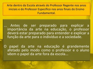 Arte dentro da Escola através do Professor Regente nos anos 
iniciais e do Professor Específico nos anos finais do Ensino 
Fundamental. 
... Antes de ser preparado para explicar a 
importância da arte na educação, o professor 
deverá estar preparado para entender e explicar a 
função da arte para o indivíduo e a sociedade. 
O papel da arte na educação é grandemente 
afetado pelo modo como o professor e o aluno 
vêem o papel da arte fora da escola... 
 