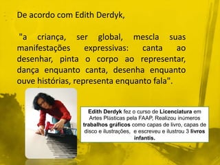 De acordo com Edith Derdyk, 
"a criança, ser global, mescla suas 
manifestações expressivas: canta ao 
desenhar, pinta o corpo ao representar, 
dança enquanto canta, desenha enquanto 
ouve histórias, representa enquanto fala". 
Edith Derdyk fez o curso de Licenciatura em 
Artes Plásticas pela FAAP, Realizou inúmeros 
trabalhos gráficos como capas de livro, capas de 
disco e ilustrações, e escreveu e ilustrou 3 livros 
infantis. 
 