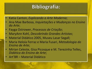 • Katia Canton, Explicando a Arte Moderna; 
• Ana Mae Barbosa, Inquietações e Mudanças no Ensino 
da Arte; 
• Fayga Ostrower, Processos de Criação; 
• MaryAnn Kohl, Descobrindo Grandes Artistas; 
• Material Didático 2005, Museu Lasar Segall; 
• Maria Heloía Ferraz e Maria Fusari, Metodologia do 
Ensino de Arte; 
• Mirian Celeste, Gisa Picosque e M. Terezinha Telles, 
Didática do Ensino de Arte; 
• Art’BR – Material Didático 
 