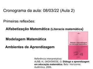 Primeiras reflexões:
Alfabetização Matemática (Literacia matemática)
Modelagem Matemática
Ambientes de Aprendizagem
Referência interpretativa:
ALRØ, H.; SKOVSMOSE, O. Diálogo e aprendizagem
em educação matemática. Belo Horizonte:
Autêntica, 2006.
Cronograma da aula: 08/03/22 (Aula 2)
 