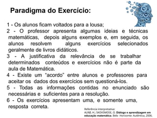 Paradigma do Exercício:
1 - Os alunos ficam voltados para a lousa;
2 - O professor apresenta algumas ideias e técnicas
matemáticas, depois alguns exemplos e, em seguida, os
alunos resolvem alguns exercícios selecionados
geralmente de livros didáticos.
3 - A justificativa da relevância de se trabalhar
determinados conteúdos e exercícios não é parte da
aula de Matemática.
4 - Existe um “acordo” entre alunos e professores para
aceitar os dados dos exercícios sem questioná-los.
5 - Todas as informações contidas no enunciado são
necessárias e suficientes para a resolução.
6 - Os exercícios apresentam uma, e somente uma,
resposta correta. Referência interpretativa:
ALRØ, H.; SKOVSMOSE, O. Diálogo e aprendizagem em
educação matemática. Belo Horizonte: Autêntica, 2006.
 