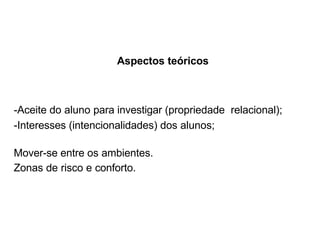 Aspectos teóricos
-Aceite do aluno para investigar (propriedade relacional);
-Interesses (intencionalidades) dos alunos;
Mover-se entre os ambientes.
Zonas de risco e conforto.
 
