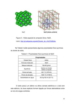 32
NaCl NaCl (célula unitária)
Figura 5 – Visão espacial do composto iônico NaCl.
FONTE: http://pt.wikipedia.org/wiki/Cloreto_de_s%C3%B3dio
Na Tabela 4 estão apresentadas algumas propriedades físico-químicas
do cloreto de sódio.
Tabela 4 - Propriedades físico-químicas do NaCl
Propriedades
Estado físico sólido
Fórmula molecular NaCl
Massa molecular 58,442 g/mol
Aparência
branco ou incolor
sólido ou líquido
Ponto de fusão 801 °C (1074 K)
Ponto de ebulição 1465 °C (1738 K)
Solubilidade em água 35,9 g/100 ml (25 °C)
O sódio possui um elétron na última camada eletrônica e o cloro tem
sete elétrons. As duas espécies formam ligação por forcas eletrostáticas entre
os íons de cargas contrárias.
 