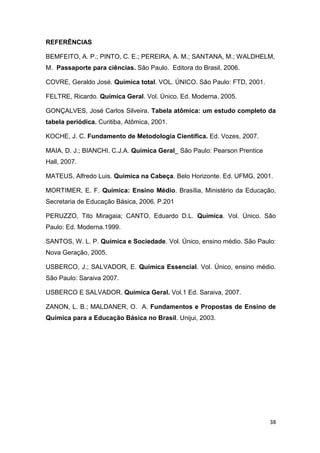 38
REFERÊNCIAS
BEMFEITO, A. P.; PINTO, C. E.; PEREIRA, A. M.; SANTANA, M.; WALDHELM,
M. Passaporte para ciências. São Paulo. Editora do Brasil, 2006.
COVRE, Geraldo José. Química total. VOL. ÚNICO. São Paulo: FTD, 2001.
FELTRE, Ricardo. Química Geral. Vol. Único. Ed. Moderna. 2005.
GONÇALVES, José Carlos Silveira. Tabela atômica: um estudo completo da
tabela periódica. Curitiba, Atômica, 2001.
KOCHE, J. C. Fundamento de Metodologia Cientifica. Ed. Vozes, 2007.
MAIA, D. J.; BIANCHI. C.J.A. Química Geral_ São Paulo: Pearson Prentice
Hall, 2007.
MATEUS, Alfredo Luis. Química na Cabeça. Belo Horizonte. Ed. UFMG, 2001.
MORTIMER, E. F. Química: Ensino Médio. Brasília, Ministério da Educação,
Secretaria de Educação Básica, 2006. P.201
PERUZZO, Tito Miragaia; CANTO, Eduardo D.L. Química. Vol. Único. São
Paulo: Ed. Moderna.1999.
SANTOS, W. L. P. Química e Sociedade. Vol. Único, ensino médio. São Paulo:
Nova Geração, 2005.
USBERCO, J.; SALVADOR, E. Química Essencial. Vol. Único, ensino médio.
São Paulo: Saraiva 2007.
USBERCO E SALVADOR. Química Geral. Vol.1 Ed. Saraiva, 2007.
ZANON, L. B.; MALDANER, O. A. Fundamentos e Propostas de Ensino de
Química para a Educação Básica no Brasil. Unijui, 2003.
 