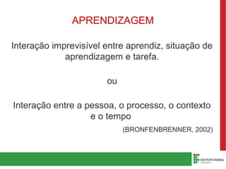 APRENDIZAGEM
Interação imprevisível entre aprendiz, situação de
aprendizagem e tarefa.
ou
Interação entre a pessoa, o processo, o contexto
e o tempo
(BRONFENBRENNER, 2002)
 