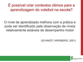 É possível criar contextos ótimos para a
aprendizagem do voleibol na escola?
O nível de aprendizado melhora com a prática e
pode ser identificado pela observação de níveis
relativamente estáveis de desempenho motor
(SCHMIDT; WRISBERG, 2001)
 
