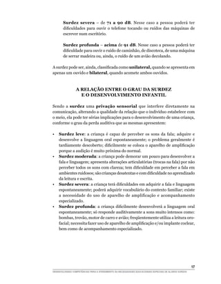 Surdez severa – de 71 a 90 dB. Nesse caso a pessoa poderá ter
       dificuldades para ouvir o telefone tocando ou ruídos das máquinas de
       escrever num escritório.

       Surdez profunda – acima de 91 dB. Nesse caso a pessoa poderá ter
       dificuldade para ouvir o ruído de caminhão, de discoteca, de uma máquina
       de serrar madeira ou, ainda, o ruído de um avião decolando.

A surdez pode ser, ainda, classificada como unilateral, quando se apresenta em
apenas um ouvido e bilateral, quando acomete ambos ouvidos.



                 A RELAÇÃO ENTRE O GRAU DA SURDEZ
                   E O DESENVOLVIMENTO INFANTIL

Sendo a surdez uma privação sensorial que interfere diretamente na
comunicação, alterando a qualidade da relação que o indivíduo estabelece com
o meio, ela pode ter sérias implicações para o desenvolvimento de uma criança,
conforme o grau da perda auditiva que as mesmas apresentem:

•	 Surdez leve: a criança é capaz de perceber os sons da fala; adquire e
   desenvolve a linguagem oral espontaneamente; o problema geralmente é
   tardiamente descoberto; dificilmente se coloca o aparelho de amplificação
   porque a audição é muito próxima do normal.
•	 Surdez moderada: a criança pode demorar um pouco para desenvolver a
   fala e linguagem; apresenta alterações articulatórias (trocas na fala) por não
   perceber todos os sons com clareza; tem dificuldade em perceber a fala em
   ambientes ruidosos; são crianças desatentas e com dificuldade no aprendizado
   da leitura e escrita.
•	 Surdez severa: a criança terá dificuldades em adquirir a fala e linguagem
   espontaneamente; poderá adquirir vocabulário do contexto familiar; existe
   a necessidade do uso de aparelho de amplificação e acompanhamento
   especializado.
•	 Surdez profunda: a criança dificilmente desenvolverá a linguagem oral
   espontaneamente; só responde auditivamente a sons muito intensos como:
   bombas, trovão, motor de carro e avião; freqüentemente utiliza a leitura oro-
   facial; necessita fazer uso de aparelho de amplificação e/ou implante coclear,
   bem como de acompanhamento especializado.




			                                                                                                     17
DESENVOLVENDO COMPETÊNCIAS PARA O ATENDIMENTO ÀS NECESSIDADES EDUCACIONAIS ESPECIAIS DE ALUNOS SURDOS
 