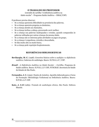 O TRABALHO DO PROFESSOR
                   (extraído da cartilha “A deficiência auditiva na
              idade escolar” - Programa Saúde Auditiva – HRAC/USP)

O professor precisa observar:
•	 Se a criança apresenta dificuldade na pronúncia das palavras,
•	 Se a criança aparenta preguiça ou desânimo,
•	 Se a criança atende aos chamados,
•	 Se a criança inclina a cabeça, procurando ouvir melhor,
•	 Se a criança usa palavras inadequadas e erradas, quando comparadas às
   palavras utilizadas por outras crianças da mesma idade,
•	 Se a criança não se interessa pelas atividades ou jogos em grupo,
•	 Se a criança é vergonhosa, retraída e desconfiada,
•	 Se fala muito alto ou muito baixo,
•	 Se a criança pede repetição freqüentemente.



                       Referências Bibliográficas

Bevilacqüa, M. C. (1998). Conceitos básicos sobre a audição e a deficiência
    auditiva. Cadernos de audiologia. Bauru: H.P.R.L.L.P / USP.

Brasil - A Deficiência Auditiva na Idade Escolar – Cartilha. Programa de
    Saúde auditiva. Bauru: H.P.R.L.L.P. USP, FUNCRAF, Secretaria de Saúde
    do Estado de São Paulo.

Fernandes, J. C. (1995). Noções de Acústica. Apostila elaborada para o Curso
    de Formação: Metodologia Verbotonal na Deficiência Auditiva. Bauru:
    H.P.R.L.L.P. USP.

Katz, J. E.D (1989). Tratado de audiologia clínica. São Paulo: Editora
    Manole.




18	
      DESENVOLVENDO COMPETÊNCIAS PARA O ATENDIMENTO ÀS NECESSIDADES EDUCACIONAIS ESPECIAIS DE ALUNOS SURDOS
 