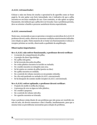 A.A.S.I. retroauricular:

Colocar a mão em forma de concha e aproximá-la do aparelho como se fosse
pegá-lo. Se este apitar com forte intensidade, isto é indicativo de que a pilha
encontra-se em boas condições de uso. Caso contrário, se não apitar ou apitar
fracamente, isto indicará que a pilha deve ser trocada. Caso o problema persista,
deve-se orientar a família a procurar assistência técnica especializada.


A.A.S.I. convencional:

Neste caso, recomenda-se que se aproxime o receptor ao microfone do A.A.S.I. O
professor deverá, então, observar as mesmas condições anteriormente indicadas
com relação ao apito. Outra maneira de se testar seu funcionamento é colocar o
receptor próximo ao ouvido, observando a qualidade da amplificação.

Observações importantes:

Se o A.A.S.I. não estiver funcionando, o professor deverá verificar:
•	 A conexão do compartimento de pilha;
•	 A posição da chave liga-desliga;
•	 Se a pilha está gasta;
•	 Se há inversão dos polos da pilha;
•	 Se o tubo plástico encontra-se torcido ou rachado;
•	 Se o molde encontra-se entupido com cera;
•	 Se há sujeira no contato da pilha (poeira ou óleo)
•	 Se a pilha encontra-se oxidada;
•	 Se o controle de volume encontra-se em posição reduzida;
•	 Se o fio está quebrado ou rachado (A.A.S.I. convencional);
•	 Se há desajuste do contato molde-receptor (A.A.S.I. convencional).

Se o A.A.S.I. estiver apitando, o professor deverá verificar:
•	 O ajuste do molde à orelha da criança;
•	 A presença de cera ou água no tubo plástico;
•	 Se o molde é pequeno;
•	 Se o controle de volume está alto;
•	 Se o gancho encontra-se trincado.

Caso o professor esteja diante de um problema que não possa ser resolvido em
sala de aula, ele deverá comunicar o fato à família, imediatamente, para que a
mesma tome as providências necessárias para solução do problema.




26	
      DESENVOLVENDO COMPETÊNCIAS PARA O ATENDIMENTO ÀS NECESSIDADES EDUCACIONAIS ESPECIAIS DE ALUNOS SURDOS
 