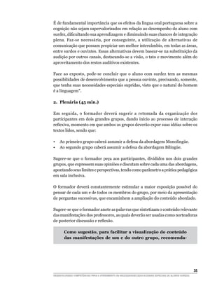 É de fundamental importância que os efeitos da língua oral portuguesa sobre a
cognição não sejam supervalorizados em relação ao desempenho do aluno com
surdez, dificultando sua aprendizagem e diminuindo suas chances de integração
plena. Faz-se necessária, por conseguinte, a utilização de alternativas de
comunicação que possam propiciar um melhor intercâmbio, em todas as áreas,
entre surdos e ouvintes. Essas alternativas devem basear-se na substituição da
audição por outros canais, destacando-se a visão, o tato e movimento além do
aproveitamento dos restos auditivos existentes.

Face ao exposto, pode-se concluir que o aluno com surdez tem as mesmas
possibilidades de desenvolvimento que a pessoa ouvinte, precisando, somente,
que tenha suas necessidades especiais supridas, visto que o natural do homem
é a linguagem”.

2.	 Plenária (45 min.)

Em seguida, o formador deverá sugerir a retomada da organização dos
participantes em dois grandes grupos, dando início ao processo de interação
reflexiva, momento em que ambos os grupos deverão expor suas idéias sobre os
textos lidos, sendo que:

•	 Ao primeiro grupo caberá assumir a defesa da abordagem Monolíngüe.
•	 Ao segundo grupo caberá assumir a defesa da abordagem Bilíngüe.

Sugere-se que o formador peça aos participantes, divididos nos dois grandes
grupos, que expressem suas opiniões e discutam sobre cada uma das abordagens,
apontando seus limites e perspectivas, tendo como parâmetro a prática pedagógica
em sala inclusiva.

O formador deverá constantemente estimular a maior exposição possível do
pensar de cada um e de todos os membros do grupo, por meio da apresentação
de perguntas sucessivas, que encaminhem a ampliação do conteúdo abordado.

Sugere-se que o formador anote as palavras que sintetizam o conteúdo relevante
das manifestações dos professores, as quais deverão ser usadas como norteadoras
de posterior discussão e reflexão.

       Como sugestão, para facilitar a visualização do conteúdo
       das manifestações de um e do outro grupo, recomenda-




			                                                                                                     35
DESENVOLVENDO COMPETÊNCIAS PARA O ATENDIMENTO ÀS NECESSIDADES EDUCACIONAIS ESPECIAIS DE ALUNOS SURDOS
 