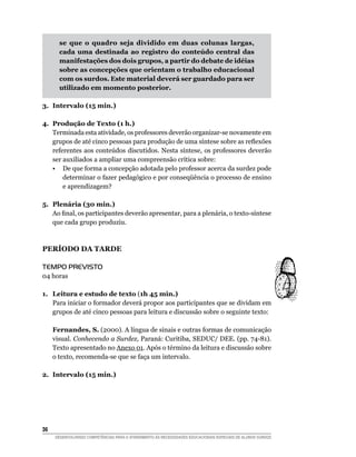 se que o quadro seja dividido em duas colunas largas,
        cada uma destinada ao registro do conteúdo central das
        manifestações dos dois grupos, a partir do debate de idéias
        sobre as concepções que orientam o trabalho educacional
        com os surdos. Este material deverá ser guardado para ser
        utilizado em momento posterior.

3.	 Intervalo (15 min.)

4.	 Produção de Texto (1 h.)
    Terminada esta atividade, os professores deverão organizar-se novamente em
    grupos de até cinco pessoas para produção de uma síntese sobre as reflexões
    referentes aos conteúdos discutidos. Nesta síntese, os professores deverão
    ser auxiliados a ampliar uma compreensão crítica sobre:
	 •	 De que forma a concepção adotada pelo professor acerca da surdez pode
        determinar o fazer pedagógico e por conseqüência o processo de ensino
        e aprendizagem?

5.	 Plenária (30 min.)
    Ao final, os participantes deverão apresentar, para a plenária, o texto-síntese
    que cada grupo produziu.



PERÍODO DA TARDE

Tempo Previsto
04 horas

1.	 Leitura e estudo de texto (1h 45 min.)
    Para iniciar o formador deverá propor aos participantes que se dividam em
    grupos de até cinco pessoas para leitura e discussão sobre o seguinte texto:

      Fernandes, S. (2000). A língua de sinais e outras formas de comunicação
      visual. Conhecendo a Surdez, Paraná: Curitiba, SEDUC/ DEE. (pp. 74-81).
      Texto apresentado no Anexo 01. Após o término da leitura e discussão sobre
      o texto, recomenda-se que se faça um intervalo.

2.	 Intervalo (15 min.)




36	
      DESENVOLVENDO COMPETÊNCIAS PARA O ATENDIMENTO ÀS NECESSIDADES EDUCACIONAIS ESPECIAIS DE ALUNOS SURDOS
 