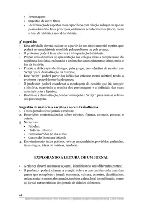 •	 Personagens
	     •	 Sugestão de outro título
	     •	 Identificação de aspectos mais específicos com relação ao lugar em que se
         passa a história, fatos principais, ordem dos acontecimentos (início, meio
         e final da história), moral da história.

3ª sugestão:
•	 Essa atividade deverá realizar-se a partir de um único material escrito, que
    poderá ser uma história escolhida pelo professor ou pela criança;
•	 O professor poderá fazer a leitura e interpretação da história;
•	 Propõe uma dinâmica de apresentação aos colegas sobre a compreensão da
    seqüência dos fatos, enfocando a ordem dos acontecimentos: início, meio e
    fim da história;
•	 Propõe a elaboração de diálogos, pelo grupo, com objetivo de montar um
    “script” para dramatização da história;
•	 Esse “script” poderá partir das idéias das crianças (texto coletivo) tendo o
    professor o papel de escriba do grupo;
•	 O professor poderá coordenar a montagem do cenário que irá compor
    a história, sugerindo a escolha dos personagens e a definição das suas
    características e figurino;
•	 Realiza-se a dramatização, tendo como apoio o “script”, para ensaiar as falas
    dos personagens.

Sugestão de materiais escritos a serem trabalhados
1.	 Textos jornalísticos: jornais e revistas;
2.	 Descrições contextualizadas sobre objetos, figuras, animais, pessoas e
    outros;
3.	 Narrativas:
	 •	 Fábulas;
	 •	 Histórias infantis;
	 •	 Fatos ocorridos no dia-a-dia;
	 •	 Contos de literatura infantil;
4.	 Entretenimento: textos poéticos, revistas em quadrinho, provérbios, parlendas,
    trava-língua, letras de músicas, anedotas.



               Explorando a leitura de um jornal

•	 A criança deverá manusear o jornal, identificando suas diferentes partes;
•	 O professor poderá chamar a atenção sobre o que contém cada uma das
   partes que compõem o jornal: economia, cultura, esportes, classificados,
   coluna social e outros, destacando, também a data, local de publicação, nome
   do jornal, características dos jornais de cidades diferentes.



44	
      DESENVOLVENDO COMPETÊNCIAS PARA O ATENDIMENTO ÀS NECESSIDADES EDUCACIONAIS ESPECIAIS DE ALUNOS SURDOS
 