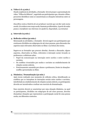 2.	 Vídeo (1 h 15 min.)
    Dando seqüência às atividades, o formador  deverá propor a apresentação do
    vídeo: “Filhos do Silêncio”, sugerindo aos participantes que, durante o filme,
    procurem identificar como se caracterizam as situações interativas entre os
    personagens.

      Esse filme conta a história de um professor ouvinte que vai dar aula numa
      escola. Lá conhece uma moça surda, bastante problemática. A partir de então
      passa a manifestar seu interesse em ajudá-la. (legendado, 115 minutos)

3.	 Intervalo (15 min.)

4.	 Reflexão crítica (30 min.)
    Retornando às atividades, o formador deverá sugerir aos participantes que
    continuem divididos em subgrupos de até cinco pessoas, para discussão dos
    aspectos mais relevantes observados no filme e na leitura dos textos.

      Sugere-se ao formador que procure abordar, durante a discussão, alguns
      aspectos, observados no filme, referentes à interação social, levando os
      professores a refletirem sobre:
	     •	 Papel da comunicação na interação entre surdos e entre surdos e
         ouvintes.
	     •	 Os conflitos vivenciados por surdos e ouvintes no estabelecimento de
         relações sociais estáveis.
	     •	 Posicionamento assumido por alunos e professores, frente às situações-
         conflito apresentadas no filme.

5.	Dinâmica / Dramatização (50 min.)
   Após terem realizado esse momento de reflexão crítica, identificando os
   conflitos que se interpõem às interações sociais entre surdos e ouvintes,
   interferindo no estabelecimento de relações sociais estáveis, os participantes
   deverão ser incentivados a realizar um exercício de dramatização.

      Esse exercício deverá se caracterizar por uma situação dinâmica, na qual
      os participantes, divididos em subgrupos de até cinco pessoas, deverão
      dramatizar situações que representem a participação social de uma pessoa
      surda, em diferentes contextos.




64	
      DESENVOLVENDO COMPETÊNCIAS PARA O ATENDIMENTO ÀS NECESSIDADES EDUCACIONAIS ESPECIAIS DE ALUNOS SURDOS
 