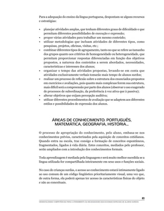 Para a adequação do ensino da língua portuguesa, despontam-se alguns recursos
e estratégias:

•	 planejar atividades amplas, que tenham diferentes graus de dificuldade e que
   permitam diferentes possibilidades de execução e expressão;
•	 propor várias atividades para trabalhar um mesmo conteúdo;
•	 utilizar metodologias que incluam atividades de diferentes tipos, como
   pesquisas, projetos, oficinas, visitas, etc.;
•	 combinar diferentes tipos de agrupamento, tanto no que se refere ao tamanho
   dos grupos quanto aos critérios de homogeneidade ou heterogeneidade, que
   permitam proporcionar respostas diferenciadas em função dos objetivos
   propostos, a natureza dos conteúdos a serem abordados, necessidades,
   características e interesses dos alunos;
•	 organizar o tempo das atividades propostas, levando-se em conta que
   atividades exclusivamente verbais tomarão mais tempo de alunos surdos;
•	 realizar um processo de reflexão sobre a estrutura dos enunciados propostos
   em exercícios e avaliações, pois quanto mais complexas forem sua estrutura,
   mais difícil será a compreensão por parte dos alunos (observar o uso exagerado
   de processos de subordinação, da preferência à voz ativa que à passiva);
•	 alterar objetivos que exijam percepção auditiva;
•	 utilizar diferentes procedimentos de avaliação que se adaptem aos diferentes
   estilos e possibilidades de expressão dos alunos.




             ÁREAS DE CONHECIMENTO: PORTUGUÊS,
              MATEMÁTICA, GEOGRAFIA, HISTÓRIA...

O processo de apropriação do conhecimento, pelo aluno, embasa-se nos
conhecimentos prévios, caracterizados pela aquisição de conceitos cotidianos.
Quando entra na escola, traz consigo a formação de conceitos espontâneos,
fragmentados, ligados à vida diária. Estes conceitos, mediados pelo professor,
serão ampliados com a introdução dos conhecimentos formais.

Toda aprendizagem é mediada pela linguagem e será muito melhor sucedida se a
língua utilizada for compartilhada inteiramente em seus usos e funções sociais.

No caso de crianças surdas, o acesso ao conhecimento estará intimamente ligado
ao uso comum de um código lingüístico prioritariamente visual, uma vez que,
de outra forma, ela poderá apenas ter acesso às características físicas do objeto
e não as conceituais.




			                                                                                                     83
DESENVOLVENDO COMPETÊNCIAS PARA O ATENDIMENTO ÀS NECESSIDADES EDUCACIONAIS ESPECIAIS DE ALUNOS SURDOS
 