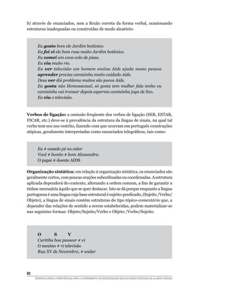 b) através de enunciados, sem a flexão correta da forma verbal, ocasionando
estruturas inadequadas ou construídas de modo aleatório:



       Eu gosto bom ele Jardim botânico.
       Eu foi vi ele bom rosa muito Jardim botânico.
       Eu comei um coca-cola de pissa.
       Eu viu muito rio.
       Eu ver televisão um homem ensina Aids ajuda nosso pessoa
       aprender precisa camisinha muito cuidado Aids.
       Deus ver dói problema muitos são povos Aids.
       Eu gosta não Homossexual, só gosta tem mulher fala tenho eu
       camisinha vai transar depois esperma camisinha joga de lixo.
       Eu viu o televisão.



Verbos de ligação: a omissão freqüente dos verbos de ligação (SER, ESTAR,
FICAR, etc.) deve-se à prevalência da estrutura da língua de sinais, na qual tal
verbo tem seu uso restrito, fazendo com que ocorram em português construções
atípicas, geralmente interpretadas como enunciados telegráficos, tais como:



       Eu # casado pé no calor
       Você # bonito # bom Alessandra.
       O papai # doente AIDS

Organização sintática: em relação à organização sintática, os enunciados são
geralmente curtos, com poucas orações subordinadas ou coordenadas. A estrutura
aplicada dependerá do contexto, alterando a ordem comum, a fim de garantir a
ênfase necessária àquilo que se quer destacar. Isto se dá porque enquanto a língua
portuguesa é uma língua cuja base estrutural é sujeito-predicado, (Sujeito /Verbo/
Objeto), a língua de sinais contém estruturas do tipo tópico-comentário que, a
depender das relações de sentido a serem estabelecidas, podem materializar-se
nas seguintes formas: Objeto/Sujeito/Verbo e Objeto /Verbo/Sujeito.

		

       O	       S	     V			
       Curitiba boa passear # vi
       O menino # vi televisão
       Rua XV de Novembro, # andar




92	
      DESENVOLVENDO COMPETÊNCIAS PARA O ATENDIMENTO ÀS NECESSIDADES EDUCACIONAIS ESPECIAIS DE ALUNOS SURDOS
 