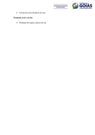    Escuta de textos de placas de ruas.

Produção oral e escrita

      Produção de mapas e placas de rua.
 