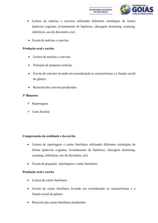     Leitura de notícias e convites utilizando diferentes estratégias de leitura
        (palavras cognatas, levantamento de hipóteses, checagem skimming, scanning,
        inferência, uso do dicionário, etc).

     Escuta de notícias e convites.

Produção oral e escrita

       Leitura de notícias e convites.

       Narração de pequenas notícias.

       Escrita de convites levando em consideração as características e a função social
        do gênero.

       Reescrita dos convites produzidos.

3º Bimestre

    Reportagens

    Carta familiar




Compreensão da oralidade e da escrita

       Leitura de reportagens e cartas familiares utilizando diferentes estratégias de
        leitura (palavras cognatas, levantamento de hipóteses, checagem skimming,
        scanning, inferência, uso do dicionário, etc).

       Escuta de pequenas reportagens e cartas familiares.

Produção oral e escrita

       Leitura de cartas familiares.

       Escrita de cartas familiares levando em consideração as características e a
        função social do gênero.

       Reescrita das cartas familiares produzidas.
 