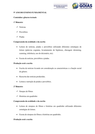 9º ANO DO ENSINO FUNDAMENTAL

Conteúdos: gêneros textuais

1º Bimestre

    Notícias

    Provérbios

    Piadas

Compreensão da oralidade e da escrita

      Leitura de notícias, piadas e provérbios utilizando diferentes estratégias de
       leitura (palavras cognatas, levantamento de hipóteses, checagem skimming,
       scanning, inferência, uso do dicionário, etc).

      Escuta de notícias, provérbios e piadas.

Produção oral e escrita

      Escrita de notícias levando em consideração as características e a função social
       do gênero.

      Reescrita das notícias produzidas.

      Leitura e narração de piadas e provérbios.

2º Bimestre

    Sinopse de filmes

    Histórias em quadrinho

Compreensão da oralidade e da escrita

      Leitura de sinopses de filmes e histórias em quadrinho utilizando diferentes
       estratégias de leitura.

      Escuta de sinopses de filmes e histórias em quadrinho.

Produção oral e escrita
 