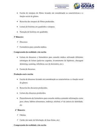    Escrita de sinopses de filmes levando em consideração as características e a
       função social do gênero.

      Reescrita das sinopses de filmes produzidas.

      Leitura de histórias em quadrinho e sinopses.

      Narração de histórias em quadrinho.

3º Bimestre

    Discursos

    Formulários para consulta médica.

Compreensão da oralidade e da escrita

      Leitura de discursos e formulários para consulta médica utilizando diferentes
       estratégias de leitura (palavras cognatas, levantamento de hipóteses, checagem
       skimming, scanning, inferência, uso do dicionário, etc.).

      Escuta de discursos.

Produção oral e escrita

      Escrita de discursos levando em consideração as características e a função social
       do gênero.

      Reescrita dos discursos produzidos.

      Leitura dos discursos produzidos.

      Preenchimento de formulários para consulta médica contendo informações como
       peso, altura, hábitos alimentares, endereço, telefone, nº da carteira de identidade,
       etc.

 4 º Bimestre

    Fábulas

    Cartão (de natal, de felicitação, de boas festas, etc)

Compreensão da oralidade e da escrita
 
