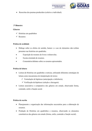    Reescritas dos poemas produzidos (coletiva e individual).




3º Bimestre

Gêneros

    Histórias em quadrinhos
    Resumos


Prática de oralidade

       Diálogo sobre os efeitos de sentido, humor e o uso de elementos não-verbais
        presentes nas histórias em quadrinho.
             Exposição de resumos de livros e telenovelas.
             Escuta orientada de resumos.
             Comentários/debates sobre os resumos apresentados.


Prática de leitura

       Leitura de Histórias em quadrinho e notícias, utilizando diferentes estratégias de
        leitura como mecanismos de interpretação de textos:
            Formulação de hipóteses (antecipação e inferência);
             Verificação de hipóteses (seleção e checagem).
       Leitura associativa e comparativa dos gêneros em estudo, observando forma,
        conteúdo, estilo e função social.




Prática de escrita

       Planejamento e organização das informações necessárias para a elaboração de
        resumos.
       Produção de Histórias em quadrinhos e resumos, observando os elementos
        constitutivos dos gêneros em estudo (forma, estilo, conteúdo e função social).
 