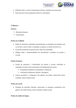    Reflexão sobre o valor da estruturação de frases e períodos nas entrevistas.
      Reescritas dos textos produzidos (coletiva e individual).




2º Bimestre

Gêneros

     Memórias literárias
     Classificados


Prática de oralidade

      Relato de memórias, utilizando autonomamente as estratégias de interação com
       os ouvintes, como o ritmo, a entonação, as pausas, os efeitos de humor etc.
      Escuta das memórias de pessoas mais velhas da comunidade.
      Diálogo sobre a intencionalidade dos classificados veiculados em jornais e
       revistas.


Prática de leitura

      Leitura de memórias, e classificados em jornais e revistas, utilizando as
       estratégias de leitura como mecanismos de interpretação dos textos:
            formulação de hipóteses (antecipação e inferência);
            verificação de hipóteses (seleção e checagem).
      Leitura associativa e comparativa dos gêneros em estudo, observando forma,
       conteúdo, estilo e função social.


Prática de escrita

      Produção de memórias literárias, observando os elementos constitutivos dos
       gêneros em estudo (forma, estilo, conteúdo e função social).


Prática de análise da língua
 