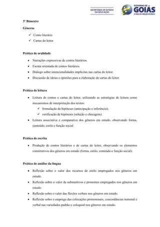 3º Bimestre

Gêneros

     Conto literário
     Cartas do leitor


Prática de oralidade

      Narrações expressivas de contos literários.
      Escuta orientada de contos literários.
      Diálogo sobre intencionalidades implícitas nas cartas do leitor.
      Discussão de ideias e opiniões para a elaboração de cartas do leitor.


Prática de leitura

      Leitura de contos e cartas do leitor, utilizando as estratégias de leitura como
       mecanismos de interpretação dos textos:
           formulação de hipóteses (antecipação e inferência);
           verificação de hipóteses (seleção e checagem).
      Leitura associativa e comparativa dos gêneros em estudo, observando forma,
       conteúdo, estilo e função social.


Prática de escrita

      Produção de contos literários e de cartas do leitor, observando os elementos
       constitutivos dos gêneros em estudo (forma, estilo, conteúdo e função social).


Prática de análise da língua

      Reflexão sobre o valor dos recursos de estilo empregados nos gêneros em
       estudo.
      Reflexão sobre o valor de substantivos e pronomes empregados nos gêneros em
       estudo.
      Reflexão sobre o valor das flexões verbais nos gêneros em estudo.
      Reflexão sobre o emprego das colocações pronominais, concordâncias nominal e
       verbal nas variedades padrão e coloquial nos gêneros em estudo.
 