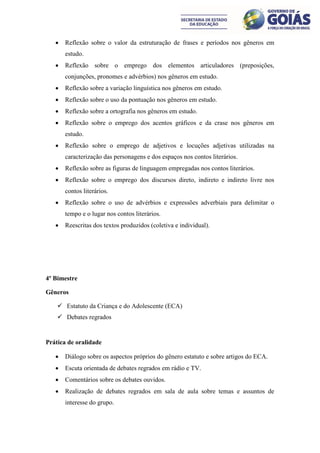    Reflexão sobre o valor da estruturação de frases e períodos nos gêneros em
       estudo.
      Reflexão sobre o emprego dos elementos articuladores (preposições,
       conjunções, pronomes e advérbios) nos gêneros em estudo.
      Reflexão sobre a variação linguística nos gêneros em estudo.
      Reflexão sobre o uso da pontuação nos gêneros em estudo.
      Reflexão sobre a ortografia nos gêneros em estudo.
      Reflexão sobre o emprego dos acentos gráficos e da crase nos gêneros em
       estudo.
      Reflexão sobre o emprego de adjetivos e locuções adjetivas utilizadas na
       caracterização das personagens e dos espaços nos contos literários.
      Reflexão sobre as figuras de linguagem empregadas nos contos literários.
      Reflexão sobre o emprego dos discursos direto, indireto e indireto livre nos
       contos literários.
      Reflexão sobre o uso de advérbios e expressões adverbiais para delimitar o
       tempo e o lugar nos contos literários.
      Reescritas dos textos produzidos (coletiva e individual).




4º Bimestre

Gêneros

     Estatuto da Criança e do Adolescente (ECA)
     Debates regrados


Prática de oralidade

      Diálogo sobre os aspectos próprios do gênero estatuto e sobre artigos do ECA.
      Escuta orientada de debates regrados em rádio e TV.
      Comentários sobre os debates ouvidos.
      Realização de debates regrados em sala de aula sobre temas e assuntos de
       interesse do grupo.
 
