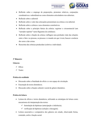    Reflexão sobre o emprego de preposições, pronomes relativos, conjunções
        coordenativas e subordinativas como elementos articuladores nos editoriais.
       Reflexão sobre o editorial
       Reflexão sobre o valor das colocações pronominais na crônica e no editorial.
       Reflexão sobre a crônica e seus elementos constitutivos.
       Reflexão sobre o princípio básico da crônica: registrar o circunstancial (um
        “narrador repórter” narra flagrantes do cotidiano).
       Reflexão sobre a função da crônica: deflagrar uma profunda visão das relações
        entre o fato e as pessoas, as pessoas e o mundo em que vivem; buscar a essência
        dos seres e das coisas.
       Reescritas das crônicas produzidas (coletiva e individual).




3º Bimestre

Gêneros

    Ofício
    Teatro


Prática de oralidade

       Discussão sobre a finalidade do ofício e o seu espaço de circulação.
       Encenação de textos dramáticos.
       Discussão sobre a função cultural e social do gênero dramático.


Prática de leitura

       Leitura de ofícios e textos dramáticos, utilizando as estratégias de leitura como
        mecanismos de interpretação dos textos:
            formulação de hipóteses (antecipação e inferência);
            verificação de hipóteses (seleção e checagem).
       Leitura associativa e comparativa dos gêneros em estudo, observando forma,
        conteúdo, estilo e função social.
 