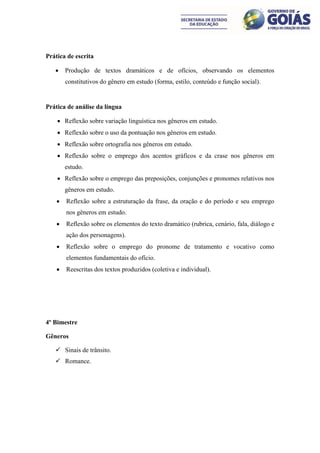 Prática de escrita

       Produção de textos dramáticos e de ofícios, observando os elementos
        constitutivos do gênero em estudo (forma, estilo, conteúdo e função social).


Prática de análise da língua

     Reflexão sobre variação linguística nos gêneros em estudo.
     Reflexão sobre o uso da pontuação nos gêneros em estudo.
     Reflexão sobre ortografia nos gêneros em estudo.
     Reflexão sobre o emprego dos acentos gráficos e da crase nos gêneros em
        estudo.
     Reflexão sobre o emprego das preposições, conjunções e pronomes relativos nos
        gêneros em estudo.
       Reflexão sobre a estruturação da frase, da oração e do período e seu emprego
        nos gêneros em estudo.
       Reflexão sobre os elementos do texto dramático (rubrica, cenário, fala, diálogo e
        ação dos personagens).
       Reflexão sobre o emprego do pronome de tratamento e vocativo como
        elementos fundamentais do ofício.
       Reescritas dos textos produzidos (coletiva e individual).




4º Bimestre

Gêneros

    Sinais de trânsito.
    Romance.
 