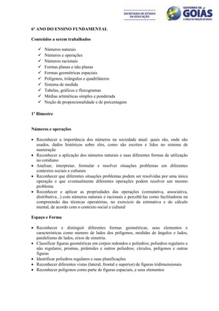 6º ANO DO ENSINO FUNDAMENTAL

Conteúdos a serem trabalhados

      Números naturais
      Números e operações
      Números racionais
      Formas planas e não planas
      Formas geométricas espaciais
      Polígonos, triângulos e quadriláteros
      Sistema de medida
      Tabelas, gráficos e fluxogramas
      Médias aritméticas simples e ponderada
      Noção de proporcionalidade e de porcentagem

1º Bimestre


Números e operações

 Reconhecer a importância dos números na sociedade atual: quais são, onde são
  usados, dados históricos sobre eles, como são escritos e lidos no sistema de
  numeração
 Reconhecer a aplicação dos números naturais e suas diferentes formas de utilização
  no cotidiano
 Analisar, interpretar, formular e resolver situações problemas em diferentes
  contextos sociais e culturais
 Reconhecer que diferentes situações problemas podem ser resolvidas por uma única
  operação e que eventualmente diferentes operações podem resolver um mesmo
  problema
 Reconhecer e aplicar as propriedades das operações (comutativa, associativa,
  distributiva...) com números naturais e racionais e percebê-las como facilitadoras na
  compreensão das técnicas operatórias, no exercício da estimativa e do cálculo
  mental, de acordo com o contexto social e cultural

Espaço e Forma

 Reconhecer e distinguir diferentes formas geométricas, seus elementos e
  características como número de lados dos polígonos, medidas de ângulos e lados,
  paralelismo de lados, eixos de simetria.
 Classificar figuras geométricas em corpos redondos e poliedros; poliedros regulares e
  não regulares; prismas, pirâmides e outros poliedros; círculos, polígonos e outras
  figuras
 Identificar poliedros regulares e suas planificações
 Reconhecer diferentes vistas (lateral, frontal e superior) de figuras tridimensionais
 Reconhecer polígonos como parte de figuras espaciais, e seus elementos
 
