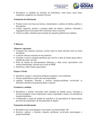  Reconhecer as unidades de memória da informática, como bytes, quilo bytes,
  megabytes e gigabytes em situações diversas

Tratamento da informação

 Produzir textos com base nas leituras, interpretações e analises de tabelas, gráficos e
  fluxogramas
 Coletar, organizar, analisar e comparar dados em tabelas e gráficos, utilizando a
  linguagem desses textos para obter conclusões claras e precisas
 Utilizar os dados coletados para resolução de situações-problema do cotidiano




3º Bimestre

Números e operações
 Comparar dois números racionais, escritos tanto na forma decimal como na forma
  fracionária
 Localizar números racionais na reta numérica
 Formular e resolver situações-problema que envolva a ideia de fração (parte-todo) e
  também de razão e divisão
 Partir de frações de denominadores diferentes e obter outras equivalentes com
  mesmo denominador, fazendo uso ou não do MMC
 Identificar e obter frações equivalentes

Espaço e Forma

 Identificar, nomear e caracterizar polígonos regulares e seus elementos
 Nomear quadriláteros a partir das suas propriedades
 Analisar, interpretar, formular e resolver situações-problema envolvendo os
  diferentes elementos da geometria plana e espacial

Grandezas e medidas

 Reconhecer e realizar conversões entre unidades de medida usuais, referentes a
  diversas grandezas como comprimento, massa, capacidade e tempo, em resolução de
  situações-problema.
 Compreender a noção de medida de superfície e de equivalência de figuras planas
  por meio de composição e de decomposição de figuras

Tratamento da informação

 Reconhecer que a porcentagem é uma fração com denominador 100
 Resolver, analisar e formular situações problemas envolvendo porcentagem e
  proporcionalidade
 