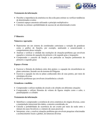 Tratamento da informação

 Perceber a importância da estatística no dia-a-dia para estimar ou verificar tendências
  de determinados eventos
 Construir espaços amostrais utilizando o princípio multiplicativo
 Calcular ou estimar a probabilidade de sucesso de um determinado evento




3º Bimestre

Números e operações

 Representar em um sistema de coordenadas cartesianas a variação de grandezas
  como o gráfico de funções, por exemplo, analisando e caracterizando o
  comportamento dessa variação
 Analisar e verificar a validade das resoluções de situações-problema que envolvem
  equações e sistemas de equações do primeiro e do segundo grau e inequações
 Compreender o conceito de função e em particular as funções polinomiais de
  primeiro e segundo graus

Espaço e Forma

 Escrever a fórmula da distância entre dois pontos e a equação da circunferência no
  plano cartesiano, fazendo uso do teorema de Pitágoras
 Escrever a equação da reta no plano conhecendo dois de seus pontos, por meio de
  estratégias diversas
 Resolver problemas que envolvem circunferência e círculo

Grandezas e medidas

 Compreender e utilizar medidas do círculo e do cilindro em diferentes situações
 Compreender e utilizar fórmulas de volume de figuras simples como o cubo, o
  paralelepípedo e o cilindro

Tratamento da informação

 Identificar e compreender a existência de erros estatísticos de origens diversas, como
  a manipulação intencional dos dados, a amostra considerada, etc
 Calcular a probabilidade de ocorrência de um evento por meio da razão entre o
  número de casos favoráveis e o número de casos possíveis
 Interpretar, criar, e resolver situações problema que envolvem pesquisas relacionadas
  a acontecimentos locais e globais, de naturezas diversas
 