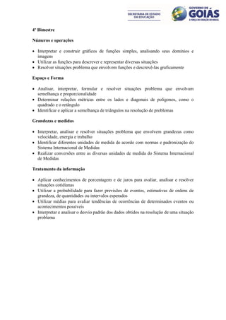 4º Bimestre

Números e operações

 Interpretar e construir gráficos de funções simples, analisando seus domínios e
  imagens
 Utilizar as funções para descrever e representar diversas situações
 Resolver situações problema que envolvem funções e descrevê-las graficamente

Espaço e Forma

 Analisar, interpretar, formular e resolver situações problema que envolvam
  semelhança e proporcionalidade
 Determinar relações métricas entre os lados e diagonais de polígonos, como o
  quadrado e o retângulo
 Identificar e aplicar a semelhança de triângulos na resolução de problemas

Grandezas e medidas

 Interpretar, analisar e resolver situações problema que envolvem grandezas como
  velocidade, energia e trabalho
 Identificar diferentes unidades de medida de acordo com normas e padronização do
  Sistema Internacional de Medidas
 Realizar conversões entre as diversas unidades de medida do Sistema Internacional
  de Medidas

Tratamento da informação

 Aplicar conhecimentos de porcentagem e de juros para avaliar, analisar e resolver
  situações cotidianas
 Utilizar a probabilidade para fazer previsões de eventos, estimativas de ordens de
  grandeza, de quantidades ou intervalos esperados
 Utilizar médias para avaliar tendências de ocorrências de determinados eventos ou
  acontecimentos possíveis
 Interpretar e analisar o desvio padrão dos dados obtidos na resolução de uma situação
  problema
 