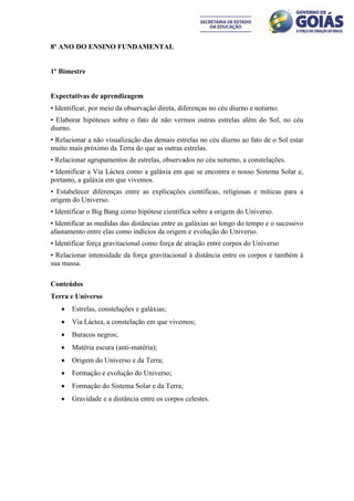 8º ANO DO ENSINO FUNDAMENTAL


1º Bimestre


Expectativas de aprendizagem
• Identificar, por meio da observação direta, diferenças no céu diurno e noturno.
• Elaborar hipóteses sobre o fato de não vermos outras estrelas além do Sol, no céu
diurno.
• Relacionar a não visualização das demais estrelas no céu diurno ao fato de o Sol estar
muito mais próximo da Terra do que as outras estrelas.
• Relacionar agrupamentos de estrelas, observados no céu noturno, a constelações.
• Identificar a Via Láctea como a galáxia em que se encontra o nosso Sistema Solar e,
portanto, a galáxia em que vivemos.
• Estabelecer diferenças entre as explicações científicas, religiosas e míticas para a
origem do Universo.
• Identificar o Big Bang como hipótese científica sobre a origem do Universo.
• Identificar as medidas das distâncias entre as galáxias ao longo do tempo e o sucessivo
afastamento entre elas como indícios da origem e evolução do Universo.
• Identificar força gravitacional como força de atração entre corpos do Universo
• Relacionar intensidade da força gravitacional à distância entre os corpos e também à
sua massa.

Conteúdos
Terra e Universo
      Estrelas, constelações e galáxias;
      Via Láctea, a constelação em que vivemos;
      Buracos negros;
      Matéria escura (anti-matéria);
      Origem do Universo e da Terra;
      Formação e evolução do Universo;
      Formação do Sistema Solar e da Terra;
      Gravidade e a distância entre os corpos celestes.
 