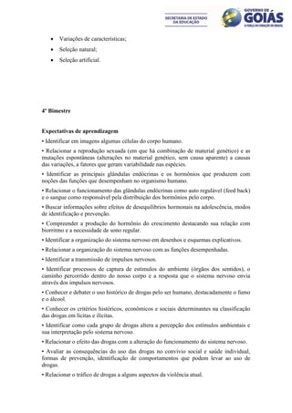    Variações de características;
      Seleção natural;
      Seleção artificial.




4º Bimestre


Expectativas de aprendizagem
• Identificar em imagens algumas células do corpo humano.
• Relacionar a reprodução sexuada (em que há combinação de material genético) e as
mutações espontâneas (alterações no material genético, sem causa aparente) a causas
das variações, a fatores que geram variabilidade nas espécies.
• Identificar as principais glândulas endócrinas e os hormônios que produzem com
noções das funções que desempenham no organismo humano.
• Relacionar o funcionamento das glândulas endócrinas como auto regulável (feed back)
e o sangue como responsável pela distribuição dos hormônios pelo corpo.
• Buscar informações sobre efeitos de desequilíbrios hormonais na adolescência, modos
de identificação e prevenção.
• Compreender a produção do hormônio do crescimento destacando sua relação com
biorritmo e a necessidade de sono regular.
• Identificar a organização do sistema nervoso em desenhos e esquemas explicativos.
• Relacionar a organização do sistema nervoso com as funções desempenhadas.
• Identificar a transmissão de impulsos nervosos.
• Identificar processos de captura de estímulos do ambiente (órgãos dos sentidos), o
caminho percorrido dentro do nosso corpo e a resposta que o sistema nervoso envia
através dos impulsos nervosos.
• Conhecer e debater o uso histórico de drogas pelo ser humano, destacadamente o fumo
e o álcool.
• Conhecer os critérios históricos, econômicos e sociais determinantes na classificação
das drogas em lícitas e ilícitas.
• Identificar como cada grupo de drogas altera a percepção dos estímulos ambientais e
sua interpretação pelo sistema nervoso.
• Relacionar o efeito das drogas com a alteração do funcionamento do sistema nervoso.
• Avaliar as consequências do uso das drogas no convívio social e saúde individual,
formas de prevenção, identificação de comportamentos que podem levar ao uso de
drogas.
• Relacionar o tráfico de drogas a alguns aspectos da violência atual.
 