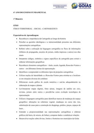 6º ANO DO ENSINO FUNDAMENTAL


1º Bimestre


EIXO
FÍSICO TERRITORIAL – SOCIAL - CARTOGRÁFICO


Expectativas de Aprendizagem
      Reconhecer a importância da Cartografia ao longo da história
      Perceber as questões ideológicas e a intencionalidade presentes nas diferentes
       representações cartográficas
      Refletir sobre a utilização da linguagem cartográfica no fluxo de informações
       (folhetos de propaganda, encartes de jornais, mídia impressa e outros) nos dias
       atuais
      Interpretar códigos, símbolos e signos específicos da cartografia para extrair e
       elaborar informações geográficas
      Reconhecer elementos cartográficos – título, escala, legenda, Rosa-dos-Ventos e
       outros – em diferentes formas de representação
      Identificar e compreender os diferentes tipos de projeções cartográficas
      Utilizar noções de lateralidade e a Rosa-dos-Ventos para orientar-se e localizar-
       se em situações diversas do cotidiano
      Diferenciar escala gráfica de escala numérica e usá-las adequadamente na
       elaboração de mapas e plantas
      Ler/interpretar mapas digitais, fotos aéreas, imagens de satélite em sites,
       revistas, jornais entre outros e percebê-las como evolução tecnológica de
       representação
      Utilizar a linguagem cartográfica para identificar marcos de mudanças do espaço
       geográfico: alterações na cobertura vegetal, mudanças no curso dos rios,
       substituição de casas para a construção de shoppings, prédios, praças, espaços de
       lazer...
      Entender a proporcionalidade nas representações cartográficas e elaborar
       gráficos (de barra, de setores, de linhas), comparar dados e estabelecer relações
      Desenvolver noções sobre divisas, limites e fronteiras nos municípios de Goiás
 
