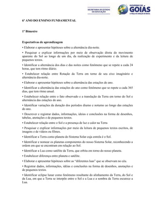 6º ANO DO ENSINO FUNDAMENTAL


1º Bimestre


Expectativas de aprendizagem
• Elaborar e apresentar hipóteses sobre a alternância dia-noite.
• Pesquisar e explicar informações por meio de observação direta do movimento
aparente do Sol ao longo de um dia, da realização de experimento e da leitura de
pequenos textos.
• Identificar a alternância dos dias e das noites como fenômeno que se repete a cada 24
horas, que tem ritmo diário.
• Estabelecer relação entre Rotação da Terra em torno de seu eixo imaginário e
alternância dia-noite.
• Elaborar e apresentar hipóteses sobre a alternância das estações do ano.
• Identificar a alternância das estações do ano como fenômeno que se repete a cada 365
dias, que tem ritmo anual.
• Estabelecer relação entre o fato observado e a translação da Terra em torno do Sol e
alternância das estações do ano.
• Identificar variações da duração dos períodos diurno e noturno ao longo das estações
do ano.
• Descrever e registrar dados, informações, ideias e conclusões na forma de desenhos,
tabelas, anotações e de pequenos textos.
• Estabelecer relação entre o Sol e a presença de luz e calor na Terra
• Pesquisar e explicar informações por meio da leitura de pequenos textos escritos, de
imagens e de vídeos ou filmes.
• Identificar a Terra como planeta do Sistema Solar cuja estrela é o Sol.
• Identificar e nomear os planetas componentes do nosso Sistema Solar, reconhecendo a
ordem em que se encontram em relação ao Sol.
• Identificar a Lua como satélite da Terra, que orbita em torno do nosso planeta.
• Estabelecer diferença entre planeta e satélite.
• Elaborar e apresentar hipóteses sobre as “diferentes luas” que se observam no céu.
• Registrar dados, informações, idéias e conclusões na forma de desenhos, anotações e
de pequenos textos.
• Identificar eclipse lunar como fenômeno resultante do alinhamento da Terra, do Sol e
da Lua, em que a Terra se interpõe entre o Sol e a Lua e a sombra da Terra escurece a
Lua.
 