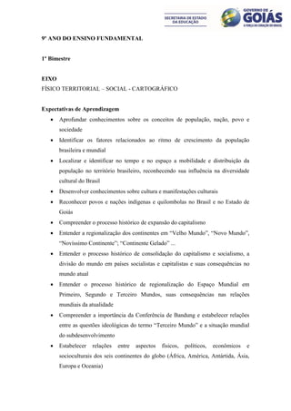 9º ANO DO ENSINO FUNDAMENTAL


1º Bimestre


EIXO
FÍSICO TERRITORIAL – SOCIAL - CARTOGRÁFICO


Expectativas de Aprendizagem
      Aprofundar conhecimentos sobre os conceitos de população, nação, povo e
       sociedade
      Identificar os fatores relacionados ao ritmo de crescimento da população
       brasileira e mundial
      Localizar e identificar no tempo e no espaço a mobilidade e distribuição da
       população no território brasileiro, reconhecendo sua influência na diversidade
       cultural do Brasil
      Desenvolver conhecimentos sobre cultura e manifestações culturais
      Reconhecer povos e nações indígenas e quilombolas no Brasil e no Estado de
       Goiás
      Compreender o processo histórico de expansão do capitalismo
      Entender a regionalização dos continentes em “Velho Mundo”, “Novo Mundo”,
       “Novíssimo Continente”; “Continente Gelado” ...
      Entender o processo histórico de consolidação do capitalismo e socialismo, a
       divisão do mundo em países socialistas e capitalistas e suas consequências no
       mundo atual
      Entender o processo histórico de regionalização do Espaço Mundial em
       Primeiro, Segundo e Terceiro Mundos, suas consequências nas relações
       mundiais da atualidade
      Compreender a importância da Conferência de Bandung e estabelecer relações
       entre as questões ideológicas do termo “Terceiro Mundo” e a situação mundial
       do subdesenvolvimento
      Estabelecer   relações   entre   aspectos   físicos,   políticos,   econômicos   e
       socioculturais dos seis continentes do globo (África, América, Antártida, Ásia,
       Europa e Oceania)
 