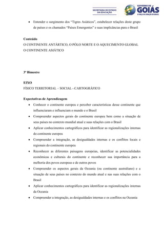    Entender o surgimento dos “Tigres Asiáticos”, estabelecer relações deste grupo
       de países e os chamados “Países Emergentes” e suas implicâncias para o Brasil


Conteúdo
O CONTINENTE ANTÁRTICO, O PÓLO NORTE E O AQUECIMENTO GLOBAL
O CONTINENTE ASIÁTICO




3º Bimestre


EIXO
FÍSICO TERRITORIAL – SOCIAL - CARTOGRÁFICO


Expectativas de Aprendizagem
      Conhecer o continente europeu e perceber características desse continente que
       influenciaram e influenciam o mundo e o Brasil
      Compreender aspectos gerais do continente europeu bem como a situação de
       seus países no contexto mundial atual e suas relações com o Brasil
      Aplicar conhecimentos cartográficos para identificar as regionalizações internas
       do continente europeu
      Compreender a integração, as desigualdades internas e os conflitos locais e
       regionais do continente europeu
      Reconhecer as diferentes paisagens europeias, identificar as potencialidades
       econômicas e culturais do continente e reconhecer sua importância para a
       melhoria dos povos europeus e de outros povos
      Compreender os aspectos gerais da Oceania (ou continente australiano) e a
       situação de seus países no contexto do mundo atual e nas suas relações com o
       Brasil
      Aplicar conhecimentos cartográficos para identificar as regionalizações internas
       da Oceania
      Compreender a integração, as desigualdades internas e os conflitos na Oceania
 