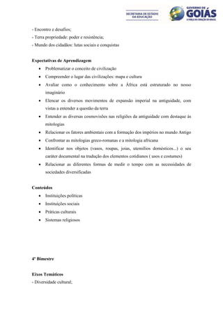 - Encontro e desafios;
- Terra propriedade: poder e resistência;
- Mundo dos cidadãos: lutas sociais e conquistas


Expectativas de Aprendizagem
      Problematizar o conceito de civilização
      Compreender o lugar das civilizações: mapa e cultura
      Avaliar como o conhecimento sobre a África está estruturado no nosso
       imaginário
      Elencar os diversos movimentos de expansão imperial na antiguidade, com
       vistas a entender a questão da terra
      Entender as diversas cosmovisões nas religiões da antiguidade com destaque às
       mitologias
      Relacionar os fatores ambientais com a formação dos impérios no mundo Antigo
      Confrontar as mitologias greco-romanas e a mitologia africana
      Identificar nos objetos (vasos, roupas, joias, utensílios domésticos...) o seu
       caráter documental na tradução dos elementos cotidianos ( usos e costumes)
      Relacionar as diferentes formas de medir o tempo com as necessidades de
       sociedades diversificadas


Conteúdos
      Instituições políticas
      Instituições sociais
      Práticas culturais
      Sistemas religiosos




4º Bimestre


Eixos Temáticos
- Diversidade cultural;
 