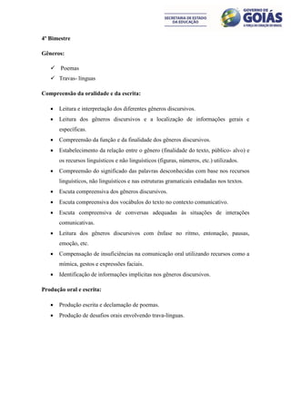 4º Bimestre

Gêneros:

    Poemas
    Travas- línguas

Compreensão da oralidade e da escrita:

      Leitura e interpretação dos diferentes gêneros discursivos.
      Leitura dos gêneros discursivos e a localização de informações gerais e
       específicas.
      Compreensão da função e da finalidade dos gêneros discursivos.
      Estabelecimento da relação entre o gênero (finalidade do texto, público- alvo) e
       os recursos linguísticos e não linguísticos (figuras, números, etc.) utilizados.
      Compreensão do significado das palavras desconhecidas com base nos recursos
       linguísticos, não linguísticos e nas estruturas gramaticais estudadas nos textos.
      Escuta compreensiva dos gêneros discursivos.
      Escuta compreensiva dos vocábulos do texto no contexto comunicativo.
      Escuta compreensiva de conversas adequadas às situações de interações
       comunicativas.
      Leitura dos gêneros discursivos com ênfase no ritmo, entonação, pausas,
       emoção, etc.
      Compensação de insuficiências na comunicação oral utilizando recursos como a
       mímica, gestos e expressões faciais.
      Identificação de informações implícitas nos gêneros discursivos.

Produção oral e escrita:

      Produção escrita e declamação de poemas.
      Produção de desafios orais envolvendo trava-línguas.
 