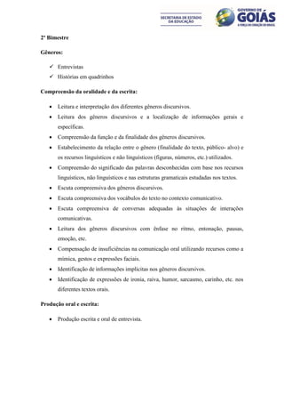 2º Bimestre

Gêneros:

    Entrevistas
    Histórias em quadrinhos

Compreensão da oralidade e da escrita:

      Leitura e interpretação dos diferentes gêneros discursivos.
      Leitura dos gêneros discursivos e a localização de informações gerais e
       específicas.
      Compreensão da função e da finalidade dos gêneros discursivos.
      Estabelecimento da relação entre o gênero (finalidade do texto, público- alvo) e
       os recursos linguísticos e não linguísticos (figuras, números, etc.) utilizados.
      Compreensão do significado das palavras desconhecidas com base nos recursos
       linguísticos, não linguísticos e nas estruturas gramaticais estudadas nos textos.
      Escuta compreensiva dos gêneros discursivos.
      Escuta compreensiva dos vocábulos do texto no contexto comunicativo.
      Escuta compreensiva de conversas adequadas às situações de interações
       comunicativas.
      Leitura dos gêneros discursivos com ênfase no ritmo, entonação, pausas,
       emoção, etc.
      Compensação de insuficiências na comunicação oral utilizando recursos como a
       mímica, gestos e expressões faciais.
      Identificação de informações implícitas nos gêneros discursivos.
      Identificação de expressões de ironia, raiva, humor, sarcasmo, carinho, etc. nos
       diferentes textos orais.

Produção oral e escrita:

      Produção escrita e oral de entrevista.
 