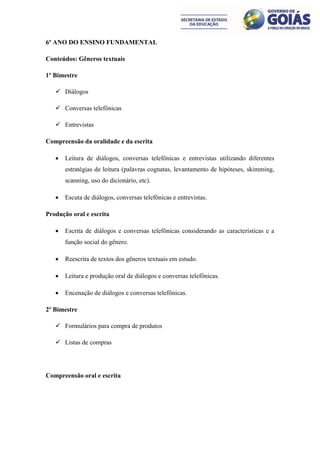 6º ANO DO ENSINO FUNDAMENTAL

Conteúdos: Gêneros textuais

1º Bimestre

    Diálogos

    Conversas telefônicas

    Entrevistas

Compreensão da oralidade e da escrita

      Leitura de diálogos, conversas telefônicas e entrevistas utilizando diferentes
       estratégias de leitura (palavras cognatas, levantamento de hipóteses, skimming,
       scanning, uso do dicionário, etc).

      Escuta de diálogos, conversas telefônicas e entrevistas.

Produção oral e escrita

      Escrita de diálogos e conversas telefônicas considerando as características e a
       função social do gênero.

      Reescrita de textos dos gêneros textuais em estudo.

      Leitura e produção oral de diálogos e conversas telefônicas.

      Encenação de diálogos e conversas telefônicas.

2º Bimestre

    Formulários para compra de produtos

    Listas de compras




Compreensão oral e escrita
 