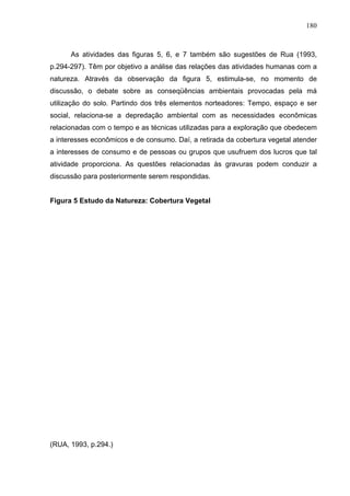180



      As atividades das figuras 5, 6, e 7 também são sugestões de Rua (1993,
p.294-297). Têm por objetivo a análise das relações das atividades humanas com a
natureza. Através da observação da figura 5, estimula-se, no momento de
discussão, o debate sobre as conseqüências ambientais provocadas pela má
utilização do solo. Partindo dos três elementos norteadores: Tempo, espaço e ser
social, relaciona-se a depredação ambiental com as necessidades econômicas
relacionadas com o tempo e as técnicas utilizadas para a exploração que obedecem
a interesses econômicos e de consumo. Daí, a retirada da cobertura vegetal atender
a interesses de consumo e de pessoas ou grupos que usufruem dos lucros que tal
atividade proporciona. As questões relacionadas às gravuras podem conduzir a
discussão para posteriormente serem respondidas.


Figura 5 Estudo da Natureza: Cobertura Vegetal




(RUA, 1993, p.294.)
 