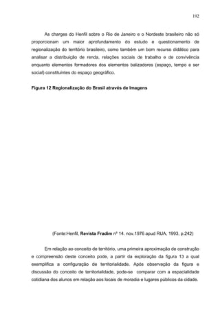 192



      As charges do Henfil sobre o Rio de Janeiro e o Nordeste brasileiro não só
proporcionam um maior aprofundamento do estudo e questionamento de
regionalização do território brasileiro, como também um bom recurso didático para
analisar a distribuição de renda, relações sociais de trabalho e de convivência
enquanto elementos formadores dos elementos balizadores (espaço, tempo e ser
social) constituintes do espaço geográfico.


Figura 12 Regionalização do Brasil através de Imagens




          (Fonte:Henfil, Revista Fradim nº 14. nov.1976 apud RUA, 1993, p.242)


      Em relação ao conceito de território, uma primeira aproximação de construção
e compreensão deste conceito pode, a partir da exploração da figura 13 a qual
exemplifica a configuração de territorialidade. Após observação da figura e
discussão do conceito de territorialidade, pode-se comparar com a espacialidade
cotidiana dos alunos em relação aos locais de moradia e lugares públicos da cidade.
 