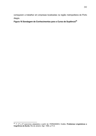 202



começaram a trabalhar em empresas localizadas na região metropolitana de Porto
Alegre.
Figura 16 Sondagem de Conhecimentos para o Curso de Suplência56




56
  1º, 2º e 5º exercícios adaptados a partir de: FERNANDES, Eulália. Problemas Lingüísticos e
Cognitivos do Surdo. Rio de Janeiro: Agir, 1990, p.71-4.
 
