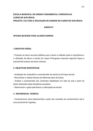 238



ESCOLA MUNICIPAL DE ENSINO FUNDAMENTAL FARROUPILHA
CURSO DE SUPLÊNCIA
PROJETO: CULTURA E EDUCAÇÃO DE SURDOS NO CURSO DE SUPLÊNCIA


                                      ANEXO 01



OFICINA BILÍNGÜE PARA ALUNOS SURDOS




1-OBJETIVO GERAL


- Propiciar ao aluno recursos didáticos que o levem a reflexão sobre a importância e
a utilização da leitura e escrita da Língua Portuguesa enquanto segunda língua a
qual permite acesso aos bens culturais.


2- OBJETIVOS ESPECÍFICOS


- Ampliação de vocabulário e compreensão da estrutura da língua escrita;
- Reconhecer e realizar leituras de diferentes tipos de textos;
- Ampliar a compreensão dos conteúdos trabalhados em sala de aula a partir de
textos oferecidos pelas disciplinas escolares;
- Desenvolver o gosto pela leitura e valorização da escrita.


3 - REFERENCIAL TEÓRICO

- Construtivismo sócio-interacionista a partir dos conceitos de conhecimento real e
zona proximal de Vygotsky.
 