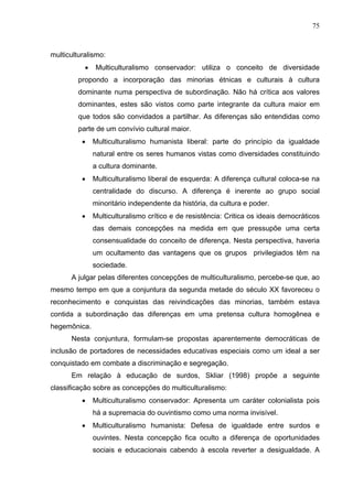 75



multiculturalismo:
           •   Multiculturalismo conservador: utiliza o conceito de diversidade
         propondo a incorporação das minorias étnicas e culturais à cultura
         dominante numa perspectiva de subordinação. Não há crítica aos valores
         dominantes, estes são vistos como parte integrante da cultura maior em
         que todos são convidados a partilhar. As diferenças são entendidas como
         parte de um convívio cultural maior.
          •    Multiculturalismo humanista liberal: parte do princípio da igualdade
               natural entre os seres humanos vistas como diversidades constituindo
               a cultura dominante.
          •    Multiculturalismo liberal de esquerda: A diferença cultural coloca-se na
               centralidade do discurso. A diferença é inerente ao grupo social
               minoritário independente da história, da cultura e poder.
          •    Multiculturalismo crítico e de resistência: Critica os ideais democráticos
               das demais concepções na medida em que pressupõe uma certa
               consensualidade do conceito de diferença. Nesta perspectiva, haveria
               um ocultamento das vantagens que os grupos privilegiados têm na
               sociedade.
      A julgar pelas diferentes concepções de multiculturalismo, percebe-se que, ao
mesmo tempo em que a conjuntura da segunda metade do século XX favoreceu o
reconhecimento e conquistas das reivindicações das minorias, também estava
contida a subordinação das diferenças em uma pretensa cultura homogênea e
hegemônica.
      Nesta conjuntura, formulam-se propostas aparentemente democráticas de
inclusão de portadores de necessidades educativas especiais como um ideal a ser
conquistado em combate a discriminação e segregação.
      Em relação à educação de surdos, Skliar (1998) propõe a seguinte
classificação sobre as concepções do multiculturalismo:
          •    Multiculturalismo conservador: Apresenta um caráter colonialista pois
               há a supremacia do ouvintismo como uma norma invisível.
          •    Multiculturalismo humanista: Defesa de igualdade entre surdos e
               ouvintes. Nesta concepção fica oculto a diferença de oportunidades
               sociais e educacionais cabendo à escola reverter a desigualdade. A
 